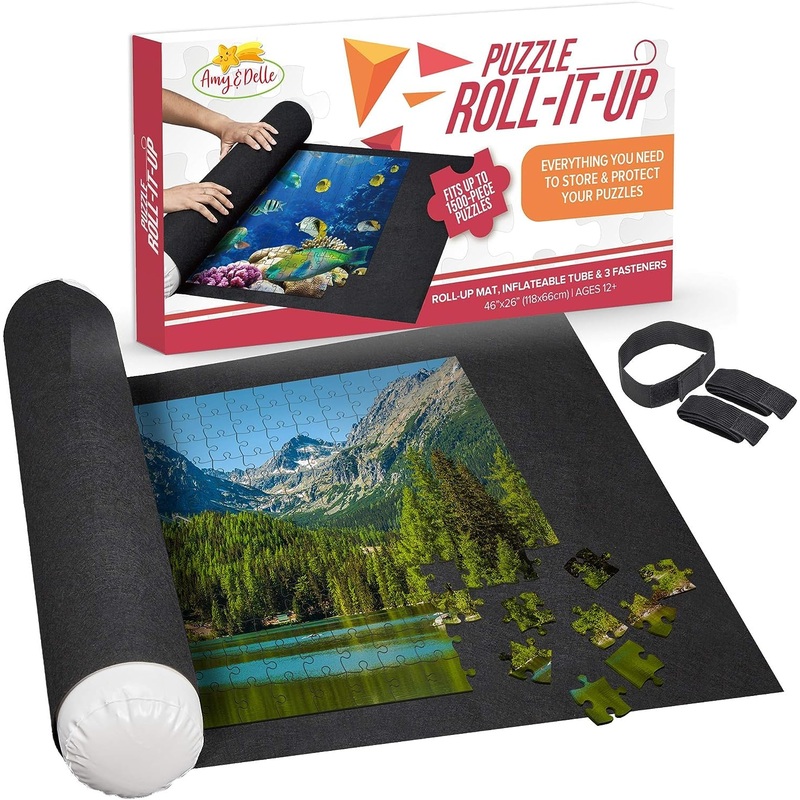 Puzzle Roll Up Mat - Store And Transport Jigsaw Puzzles Up To 1500 Pieces - 46' X 26' Felt Mat, Inflatable Tube, And 3 Elastic Fasteners Newer Improved Design - By Amy And Delle