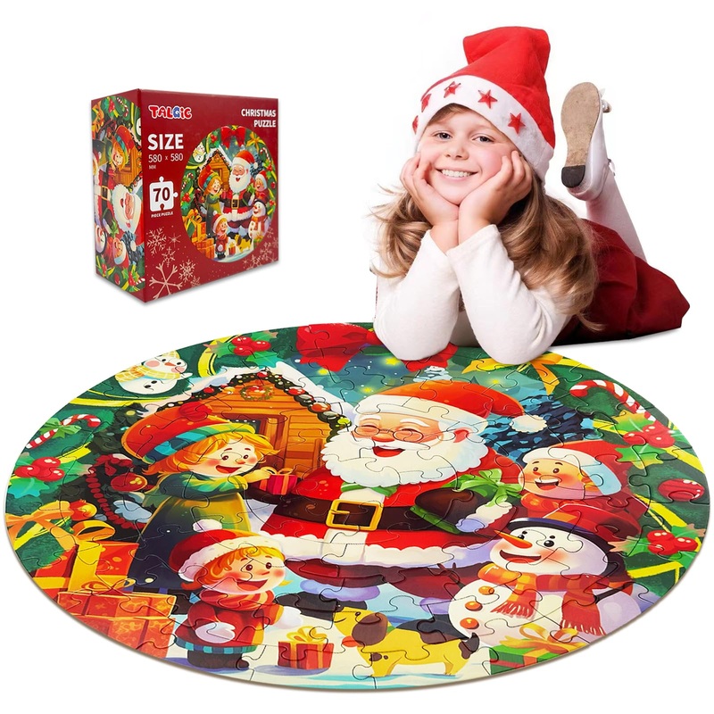 Talgic 70 Piece Christmas Puzzle With Santa Claus & Snowman, Large Round Floor Puzzles For Kids Ages 4-8, 3-5 And Up, Holiday And Christmas Jigsaw Puzzles, Wonderful Kids Puzzles Gift For Christmas