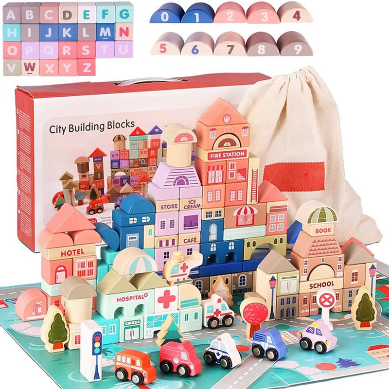 Umbresen 115 Pcs Wooden City Building Blocks Set, Colorful Stacking Preschool Educational Toys For Toddlers Boys Girls Gifts With 20 Pcs Floor Jigsaw Puzzle And Storage Bag (City Building Toy Set)