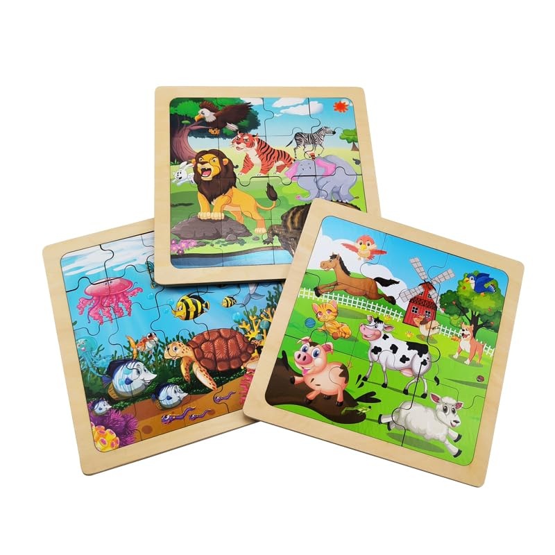 Wooden Jigsaw Puzzle Set Of 3 Pcs, Farm Jungle And Sea Animals Level Up Puzzles Difficulty From 9 Pcs To 16 Pcs 25 Pcs Education