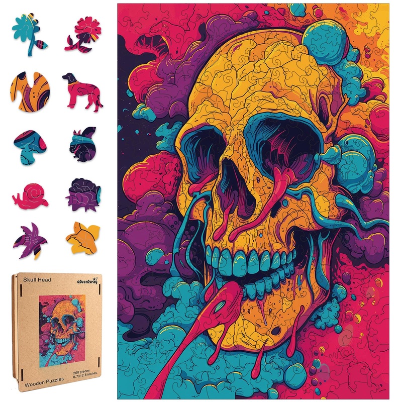 Wooden Jigsaw Puzzles-Skull Head,200Pcs,12.4X11.4In,Medium,Wooden Puzzles For Adults,Unique Shape Animal Adult Puzzles,Irregular