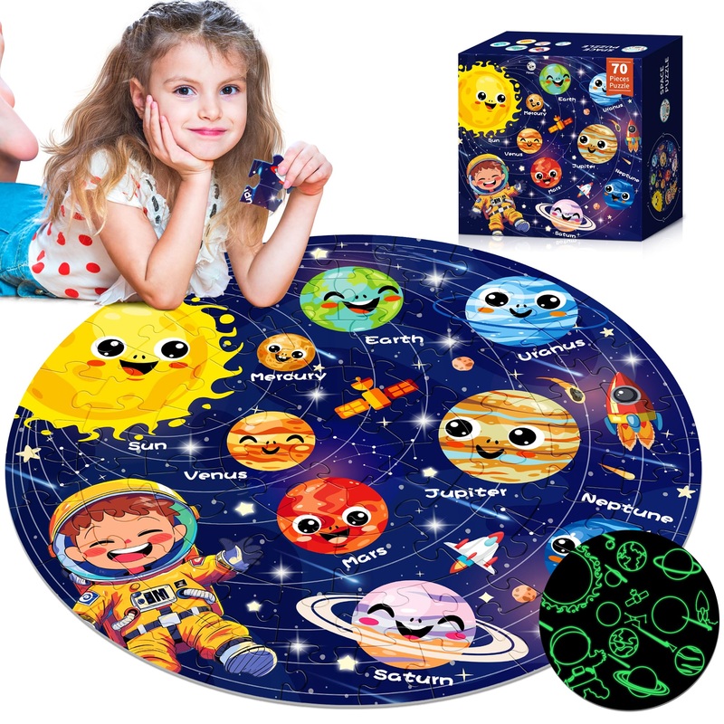Zizz Puzzle For Kids Ages 4-6: Glow In The Dark Solar System Jigsaw Puzzles 70 Piece Space Planets Large Floor Puzzle For Kids 3